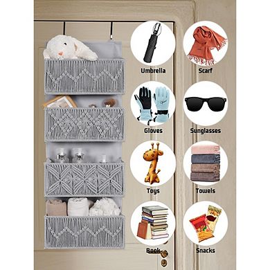 Over Door Boho Organizer with 4 Hanging Leaf-Weave Pockets