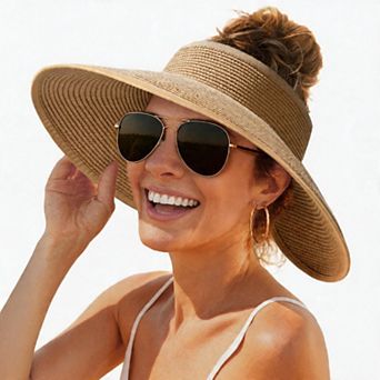 Kaelin Home Womens UPF Straw Ponytail Visor Wide Brim Foldable
