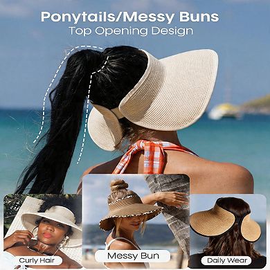 Kaelin Home Womens UPF Straw Ponytail Visor Wide Brim Foldable