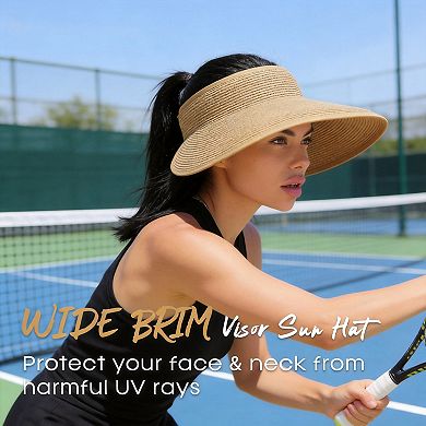 Kaelin Home Womens UPF Straw Ponytail Visor Wide Brim Foldable