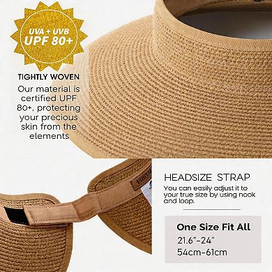Kaelin Home Womens UPF Straw Ponytail Visor Wide Brim Foldable