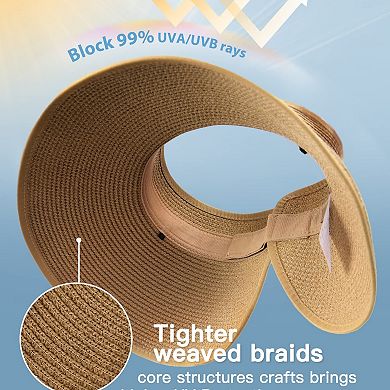 Kaelin Home Womens UPF Straw Ponytail Visor Wide Brim Foldable