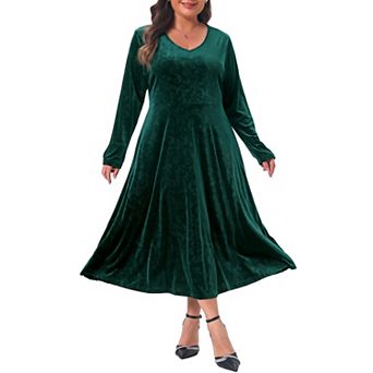 Women's Plus Size V Neck Long Sleeve Maxi Velvet Party Dress Flowy A Line Cocktail Evening Dress
