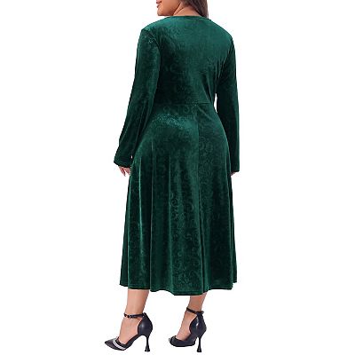 flowy velvet dress Women's Velvet Lace Trim Dress V-Neck Long Sleeve Party Dress Flowy Swing  Hem Evening Gown Wine Red L