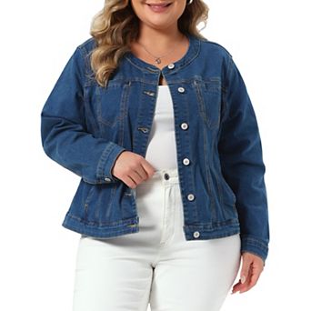 Women's Plus Size Denim Jackets Collarless Long Sleeve Button Vintage Western Outfit Jean Jackets