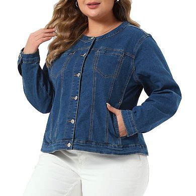 Women's Plus Size Denim Jackets Collarless Long Sleeve Button Vintage Western Outfit Jean Jackets