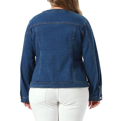 Women's Plus Size Denim Jackets Collarless Long Sleeve Button Vintage Western Outfit Jean Jackets