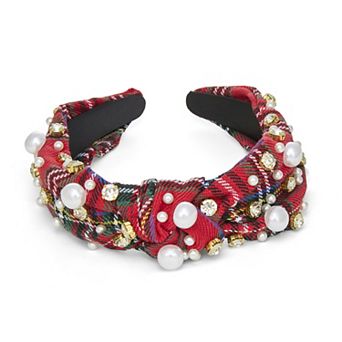 Emberly Holiday Plaid Simulated Pearl & Stone Embellished Headband