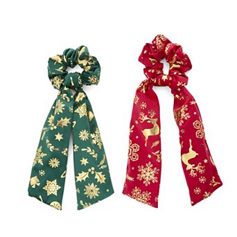 Emberly Holiday Foil Print Long Tail Scrunchie Hair Tie 2-Pack