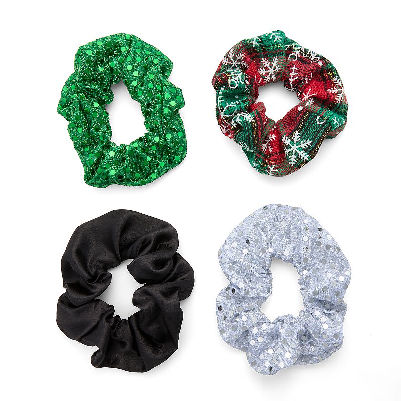 Emberly Holiday Sequin, Snowflake Print & Satin Scrunchie Hair Tie 4-Pack, Multi