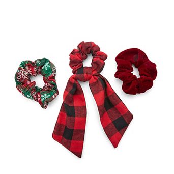 Emberly Holiday Plaid Long Tail, Snowflake Print & Velvelt Scrunchie Hair Tie 3-Pack