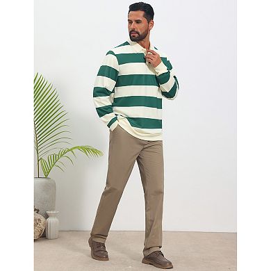 Men's Stripe Polo Shirt Long Sleeve Casual Collared Contrast Golf Shirts
