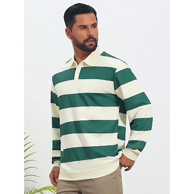 Men's Stripe Polo Shirt Long Sleeve Casual Collared Contrast Golf Shirts