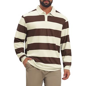 Men's Stripe Polo Shirt Long Sleeve Casual Collared Contrast Golf Shirts