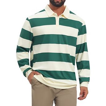 Men's Stripe Polo Shirt Long Sleeve Casual Collared Contrast Golf Shirts