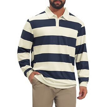 Men's Stripe Polo Shirt Long Sleeve Casual Collared Contrast Golf Shirts