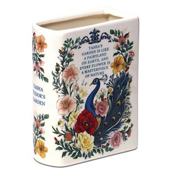 G128 6.5 in Tall Book-Shaped Decorative Vase Peacock Pattern