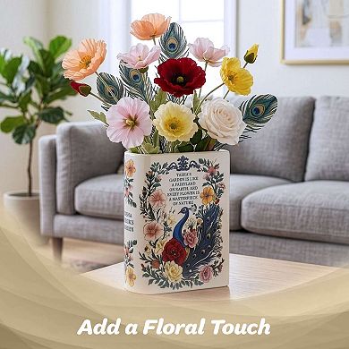 G128 6.5 In Tall Book-Shaped Decorative Vase Peacock Pattern