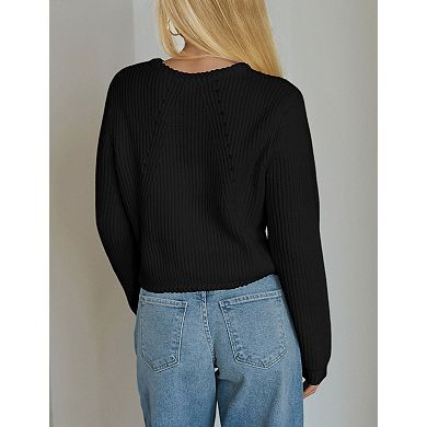 Womens Crew Neck Open Front Cropped Cardigan Elegant Button Down Sweater Business Casual Outfits
