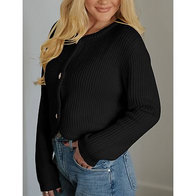Womens Crew Neck Open Front Cropped Cardigan Elegant Button Down Sweater Business Casual Outfits