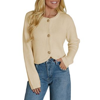 Womens Crew Neck Open Front Cropped Cardigan Elegant Button Down Sweater Business Casual Outfits