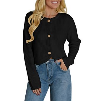 Womens Crew Neck Open Front Cropped Cardigan Elegant Button Down Sweater Business Casual Outfits