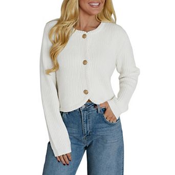 Womens Crew Neck Open Front Cropped Cardigan Elegant Button Down Sweater Business Casual Outfits