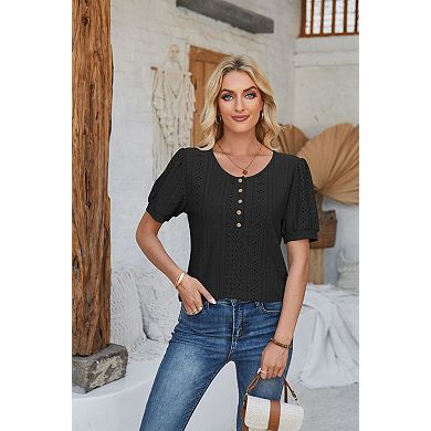 Women's Summer Short Sleeve Button Round Neck Blouse T-Shirt