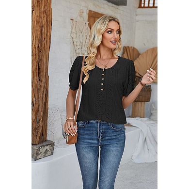 Women's Summer Short Sleeve Button Round Neck Blouse T-Shirt