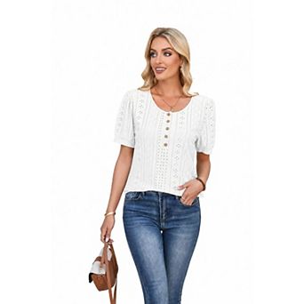 Women's Summer Short Sleeve Button Round Neck Blouse T-Shirt