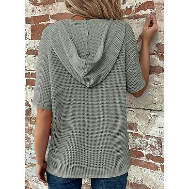 Women's Waffle Short Sleeve Drawstring Hoodie V Neck Button Top T-Shirts