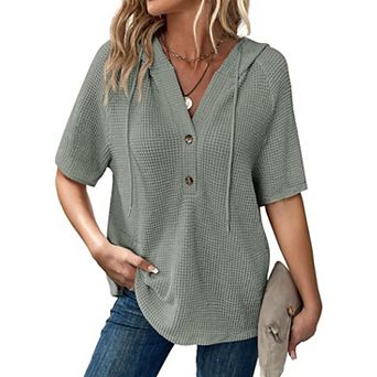 Women's Waffle Short Sleeve Drawstring Hoodie V Neck Button Top T-Shirts