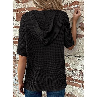 Women's Short Sleeve Drawstring Hoodie V-Neck Button Top T-Shirts