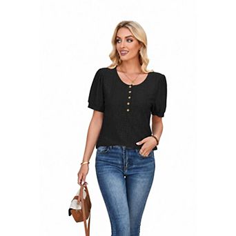 Women's Summer Short Sleeve Button Round Neck Blouse T-Shirt