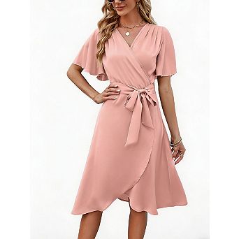 Women's V-Neck Flutter Sleeve Midi Dress with Belted Waist