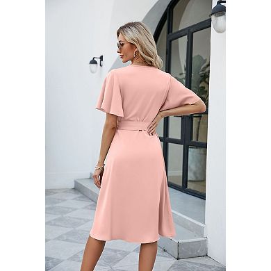 Women's V-Neck Flutter Sleeve Midi Dress with Belted Waist