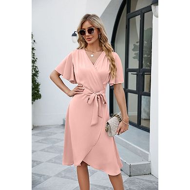 Women's V-Neck Flutter Sleeve Midi Dress with Belted Waist