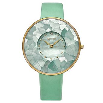 Mosaic Mother-of-Pearl' Dial 38mm Gold Tone & Crystal Accents Ultra Slim Quartz Watch, Leather Strap