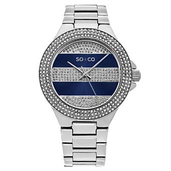 Sophisticated Crystal-Filled Lined Design Quartz Watch with Link Bracelet - Model 5242