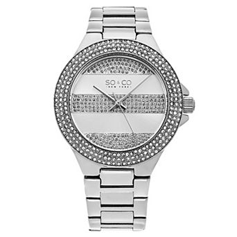 Sophisticated Crystal-Filled Lined Design Quartz Watch with Link Bracelet - Model 5242