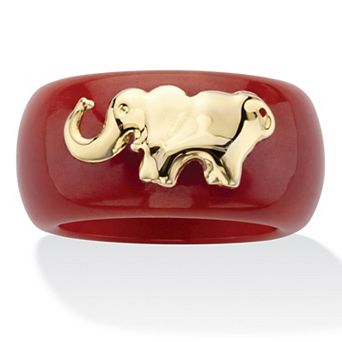 Round Red Jade 10k Yellow Gold Elephant Ring Band