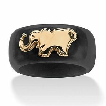 Round Black Jade 10k Yellow Gold Elephant Ring Band