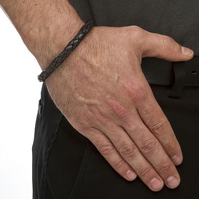 Men's Black Leather Bracelet with Stainless Steel Slip Lock Closure 9"