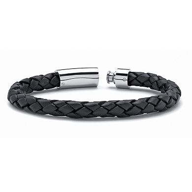 Men's Black Leather Bracelet with Stainless Steel Slip Lock Closure 9"