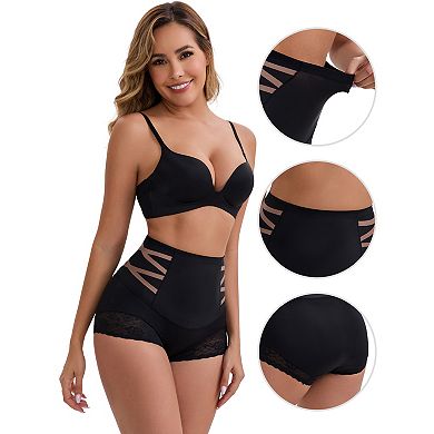 3 Packs Women's High-Waisted Tummy Control Hip Lifting Briefs Lace Trim Breathable Panties