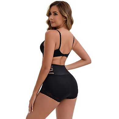 3 Packs Women's High-Waisted Tummy Control Hip Lifting Briefs Lace Trim Breathable Panties