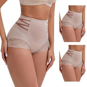 3 Packs Women's High-Waisted Tummy Control Hip Lifting Briefs Lace Trim Breathable Panties
