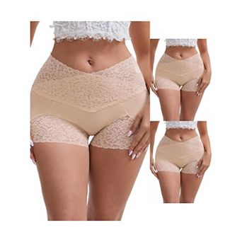 3 Packs Women's Lace Trim High Rise Shaper Shorts Seamless Flatten Tummy Hip-Lifter Control Panties