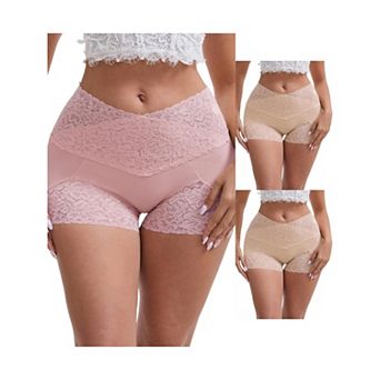 3 Packs Women's Lace Trim High Rise Shaper Shorts Seamless Flatten Tummy Hip-Lifter Control Panties