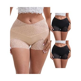3 Packs Women's Lace Trim High Rise Shaper Shorts Seamless Flatten Tummy Hip-Lifter Control Panties